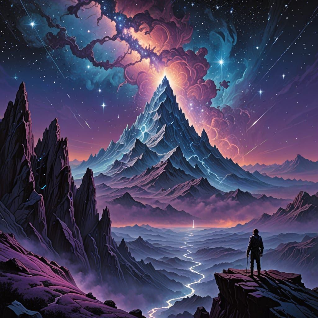 Celestial Mountain Peak with Ethereal Figure and Cosmic Nebu...