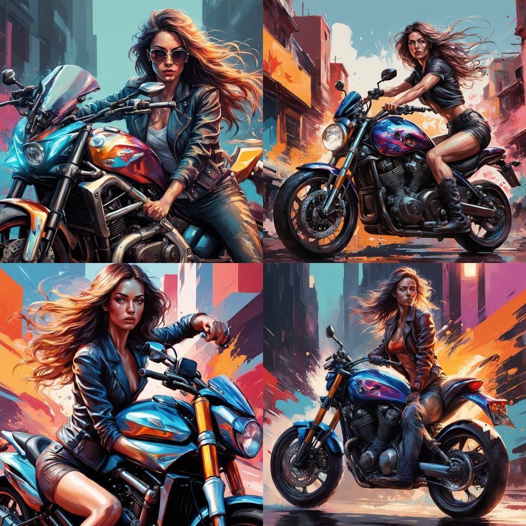 Sexy Biker Woman in Hyperrealistic Splash Art