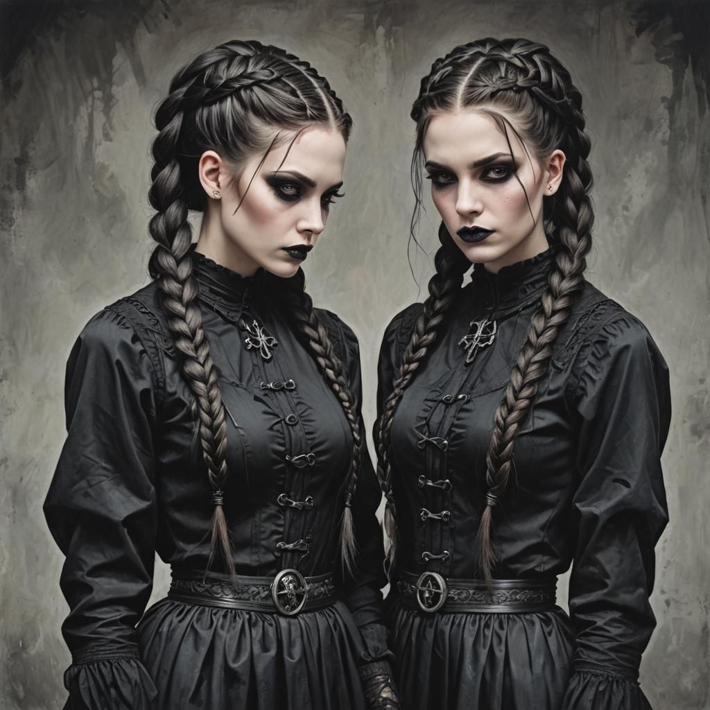 Sinister Gothic Twin Sisters in Braided Hair
