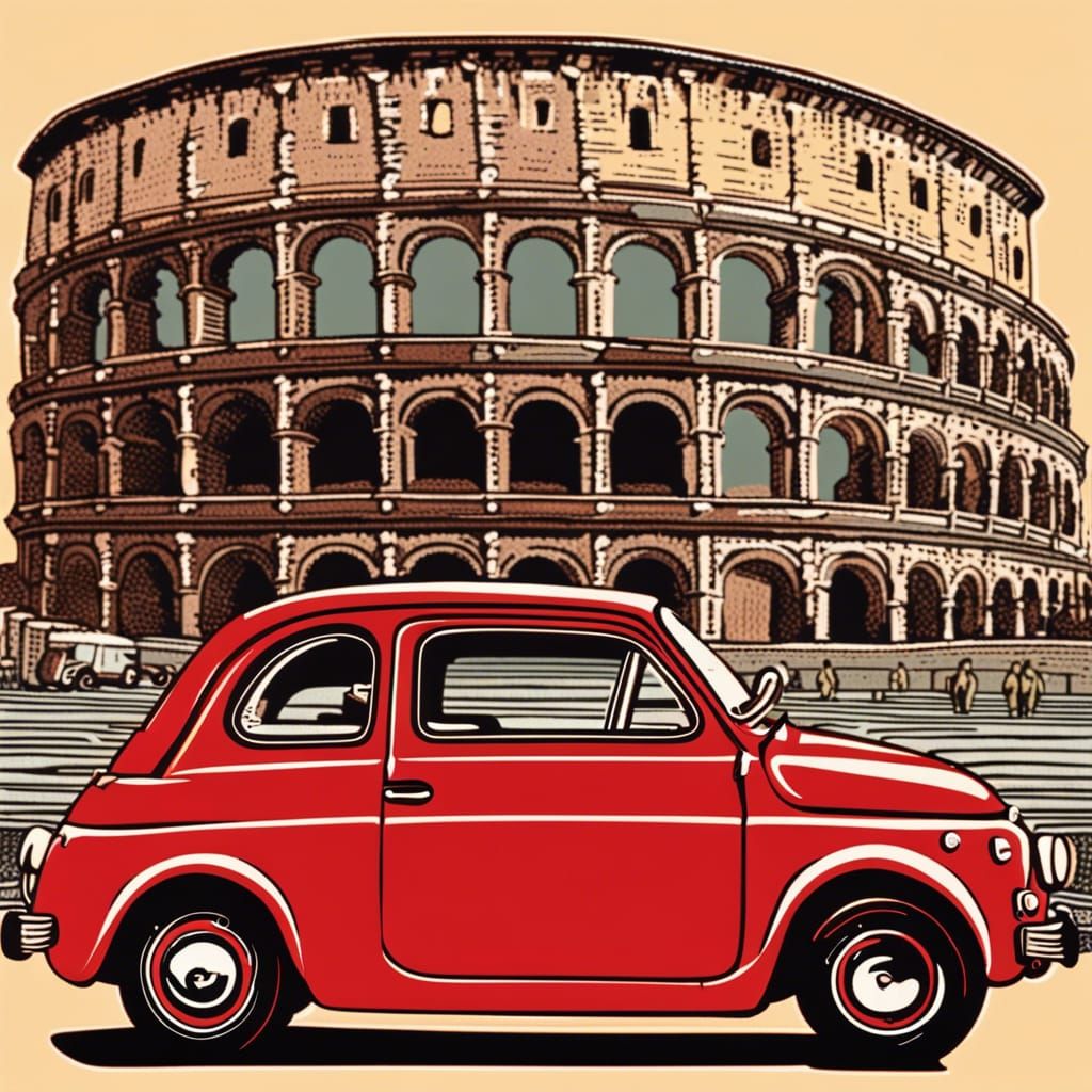 Fiat Nuova 500 in Japanese Woodcut Style