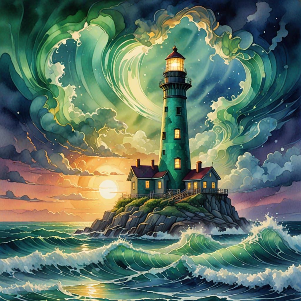Sea Glass Lighthouse in Romantic Watercolor Style