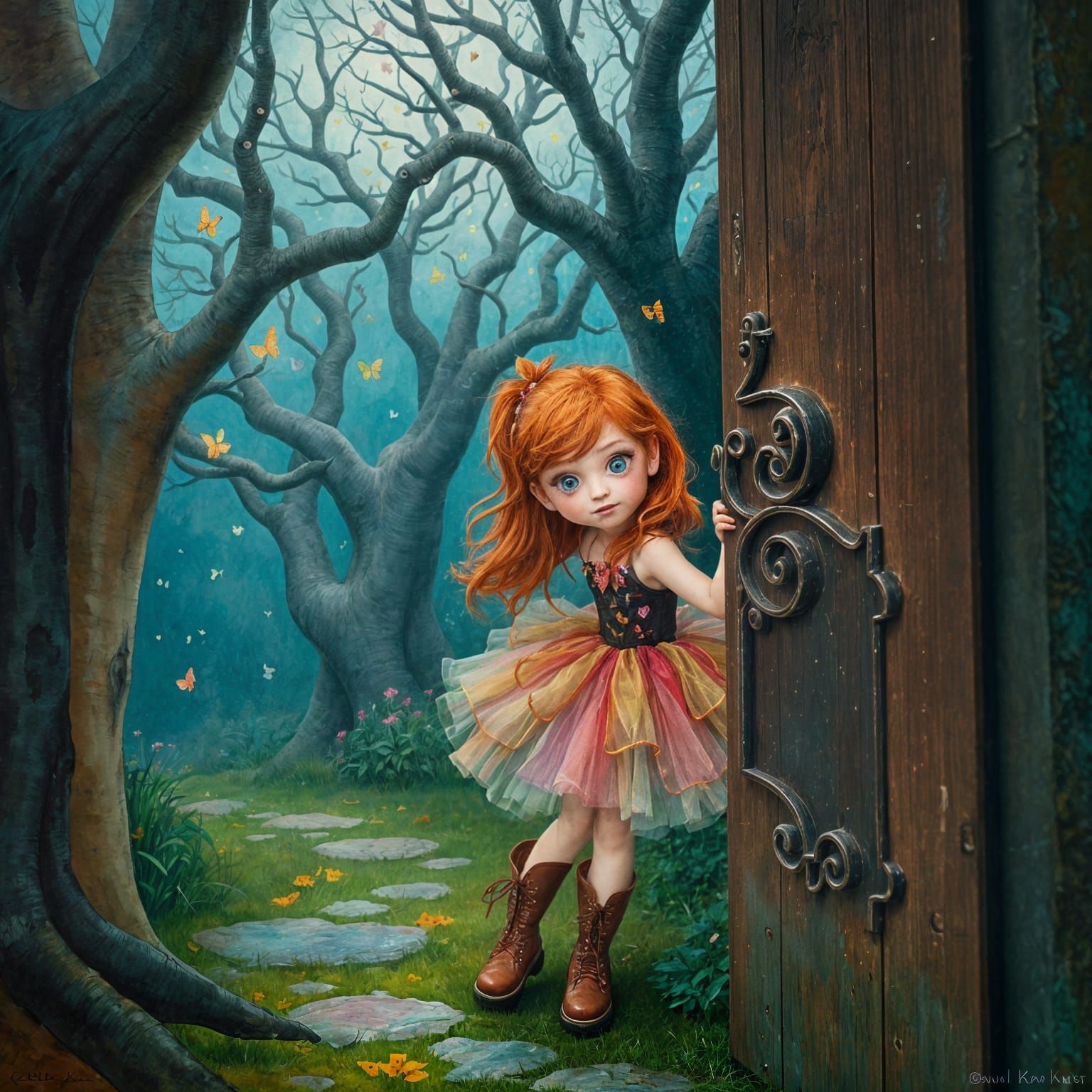 Whimsical Redhead Girl Enters Mystical Garden