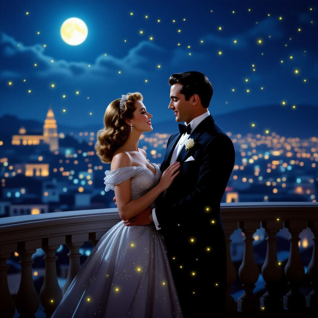 1940s Romantic Film Scene: Couple on Balcony