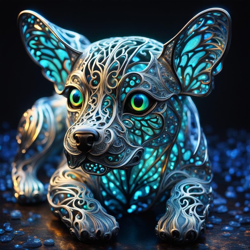 delicate soft metal puppy filled with bioluminescent