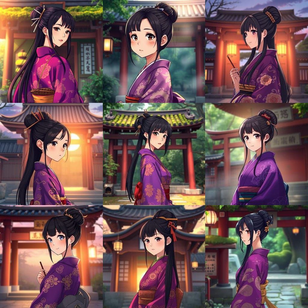 Girl in Elegant Purple Kimono in Front of Traditional Shrine