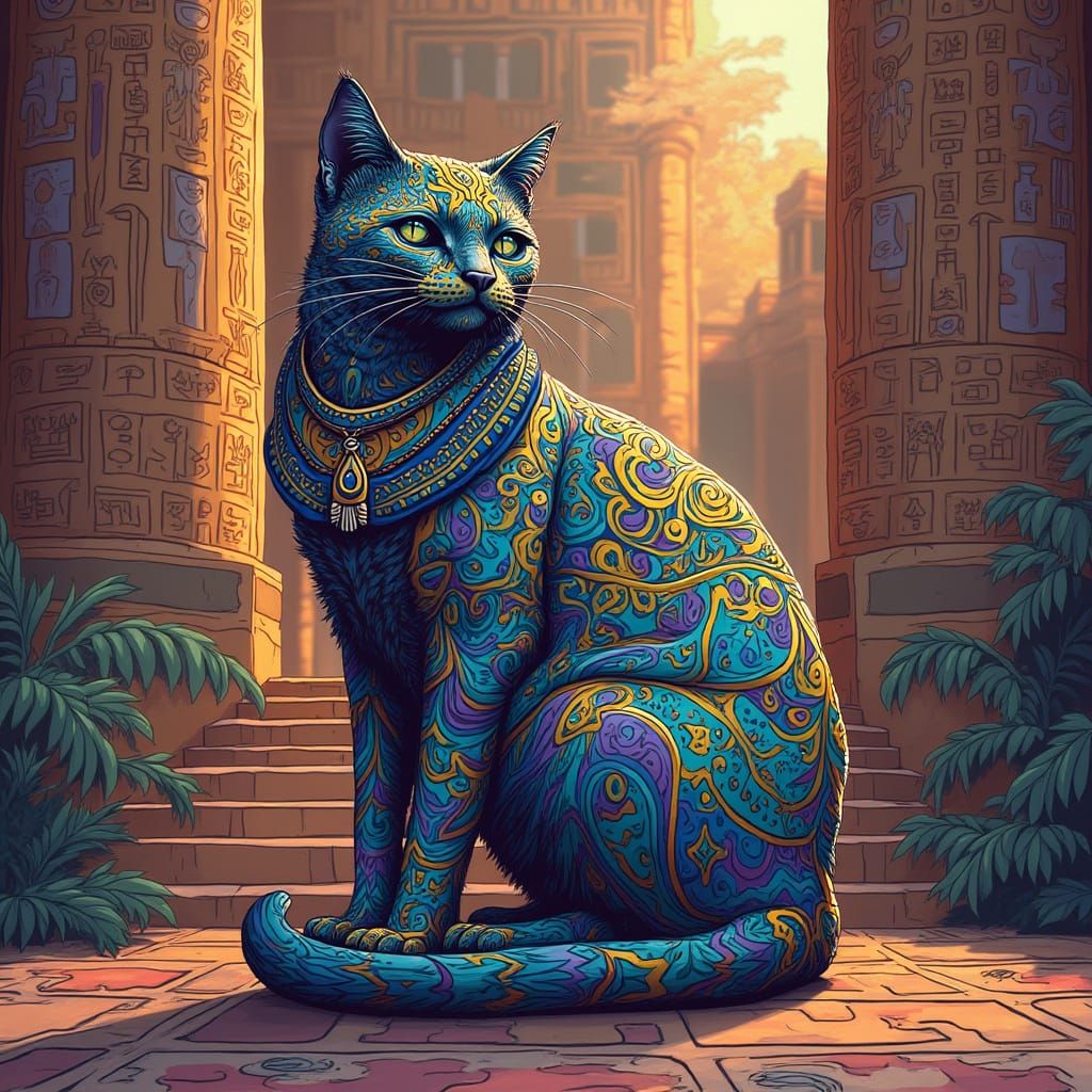 Serene Cat in Vibrant Attire on Egyptian Palace Steps