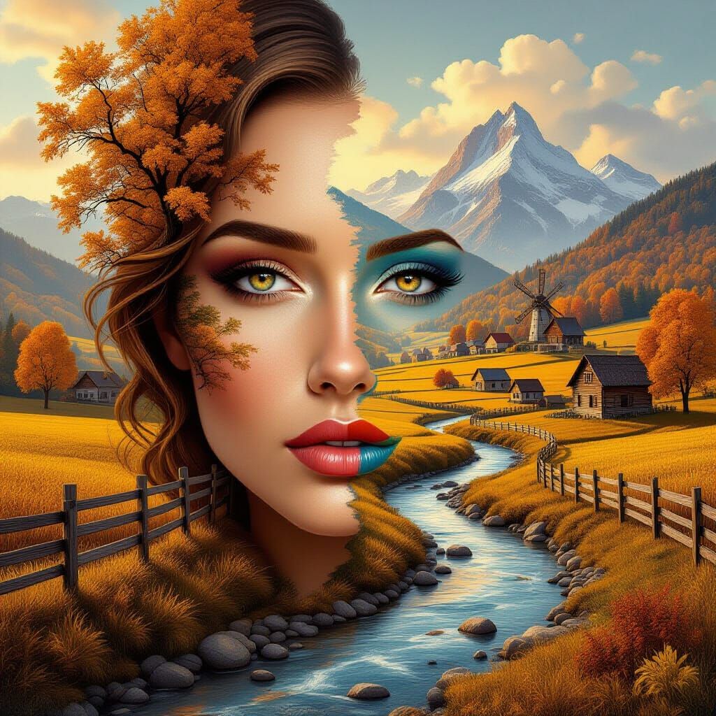 Surreal Woman Face Merges With Golden Autumn Landscape