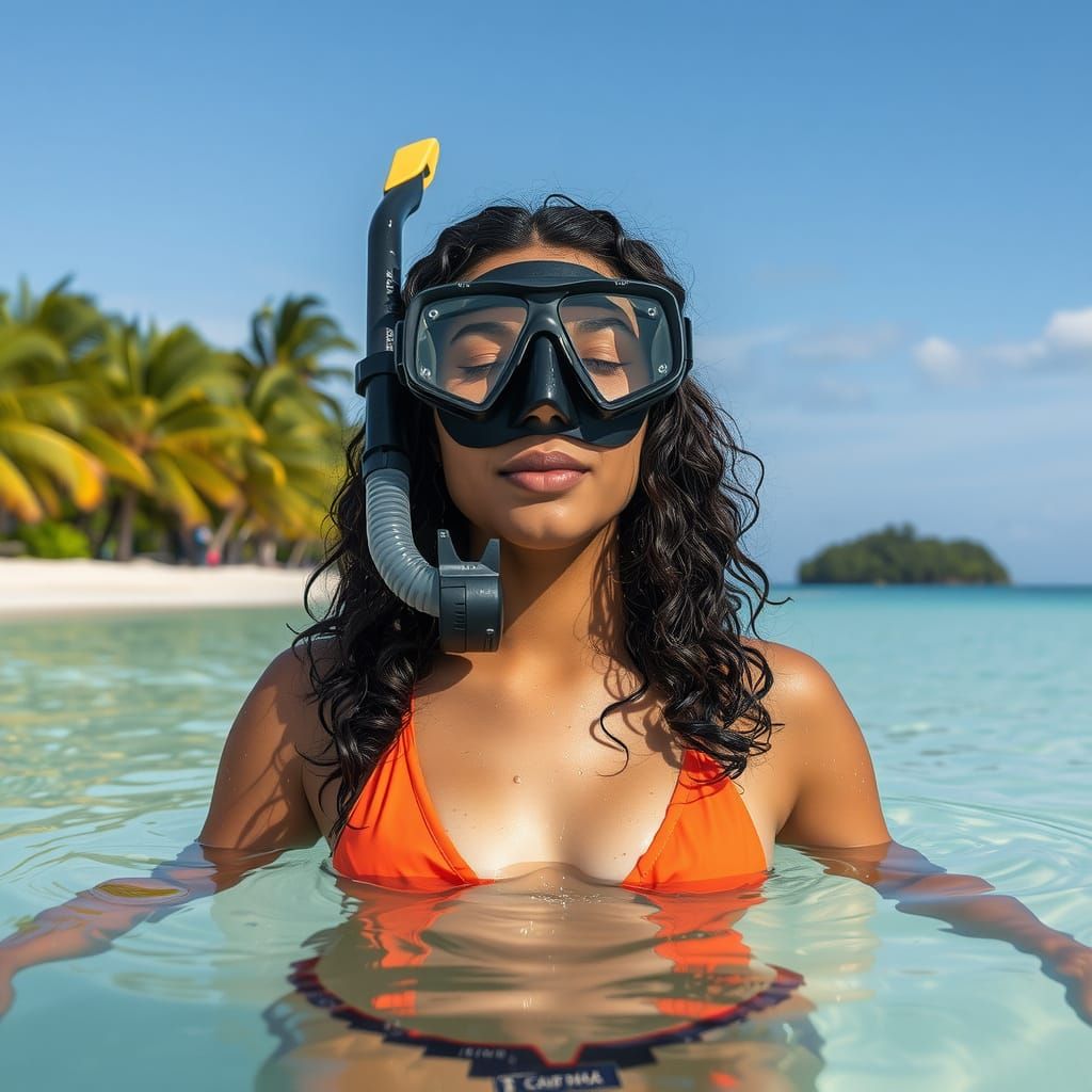 Serene Woman in Turquoise Caribbean Water with Dripping Hair