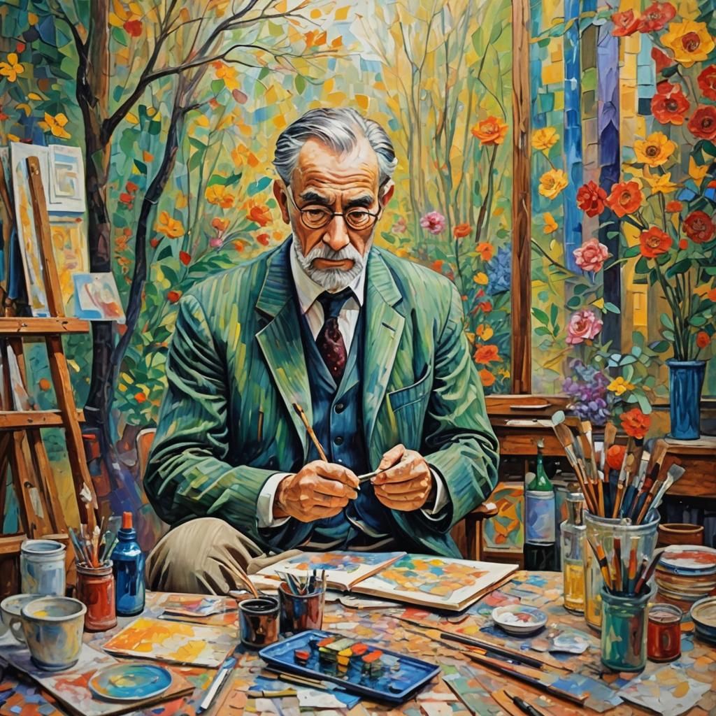 Old Artist Creating Infinite Masterpieces, Impasto Painting