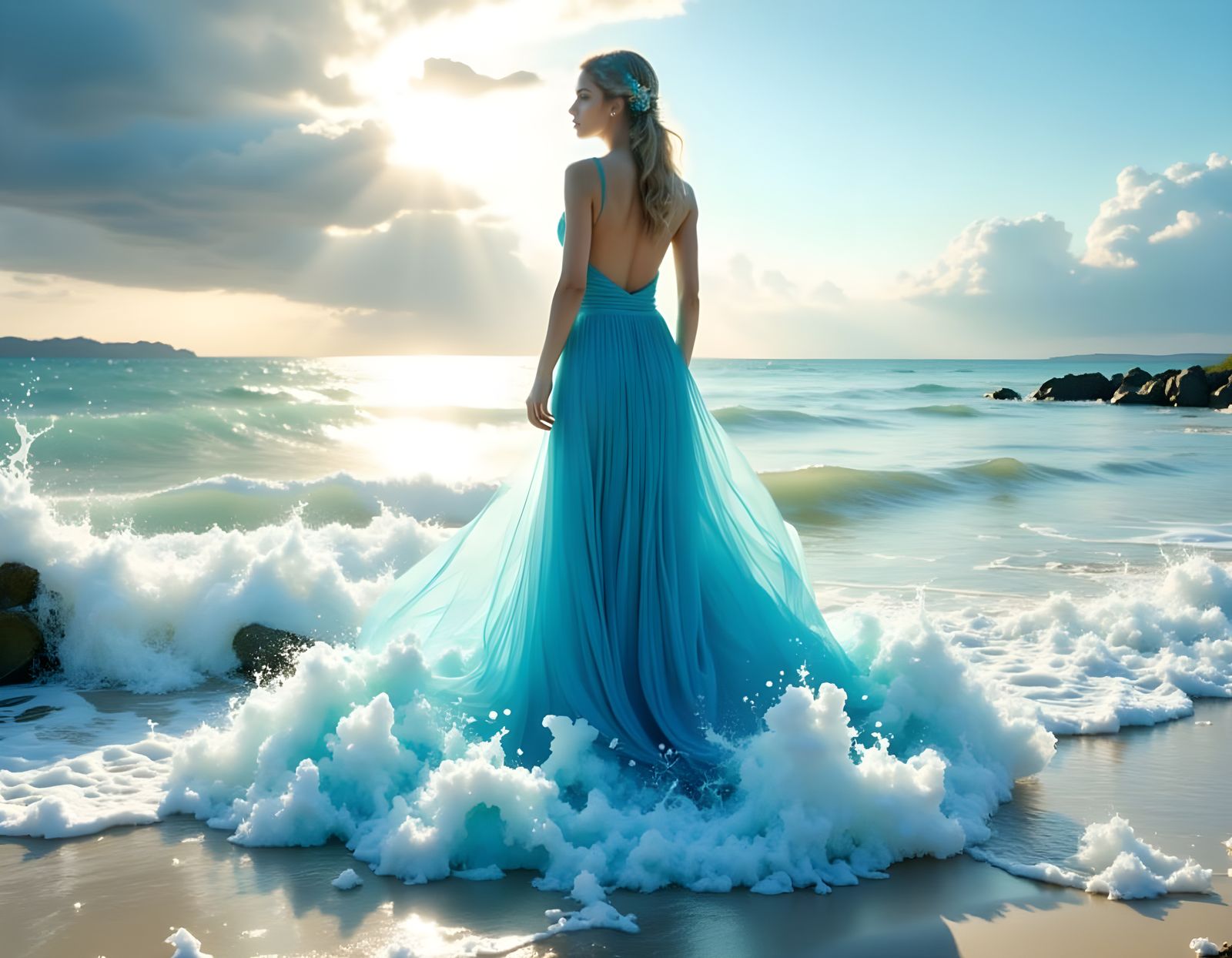 Ocean Goddess in Wet Watercolor Style