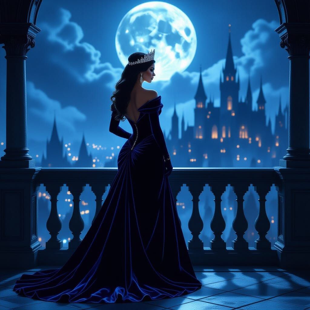 Regal Queen in Midnight Blue Gown on Gothic Balcony