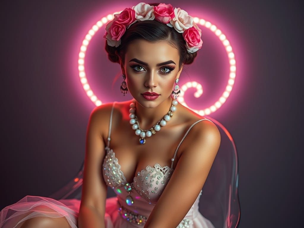Glamorous Girl with Opal Bracelet in Frida Kahlo Style