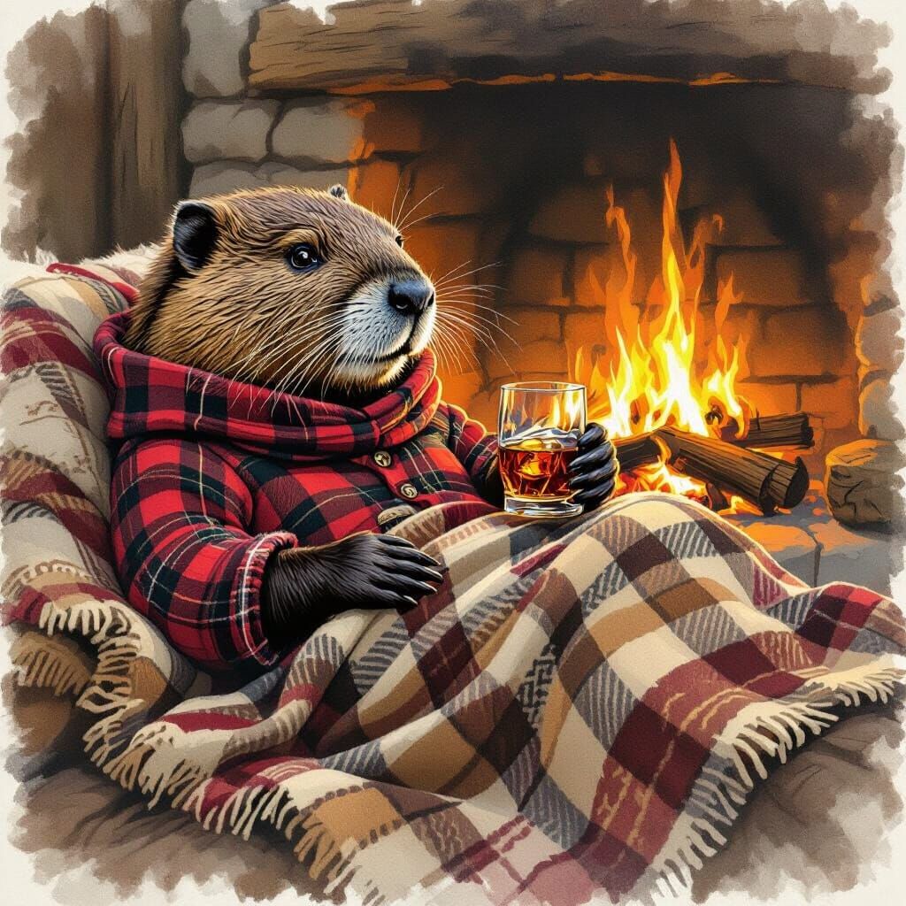 Cozy Beaver Lounging by Fire, Rustic Art Style