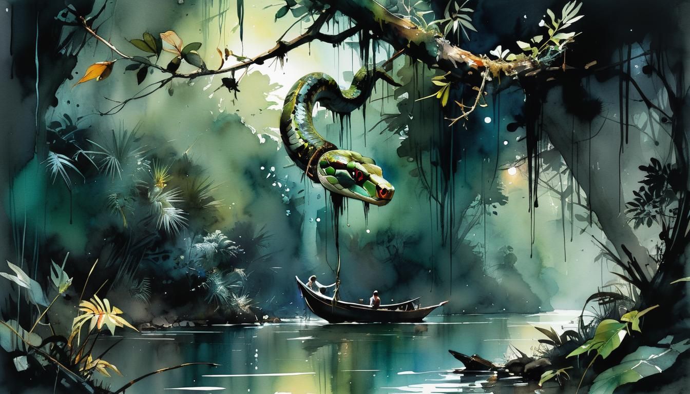 A fierce snake is hanging down from a branch over the river,...