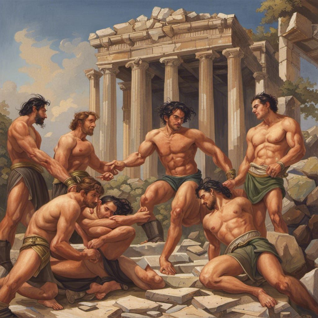 Elves Wrestling in Greek Ruins, Classical Style