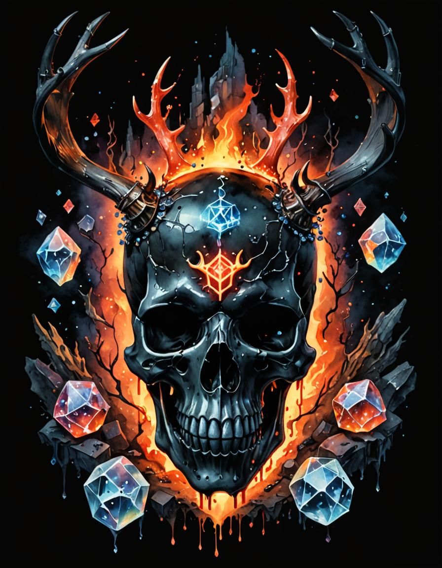 Glowing Skull with Antlers and Runes in Watercolour