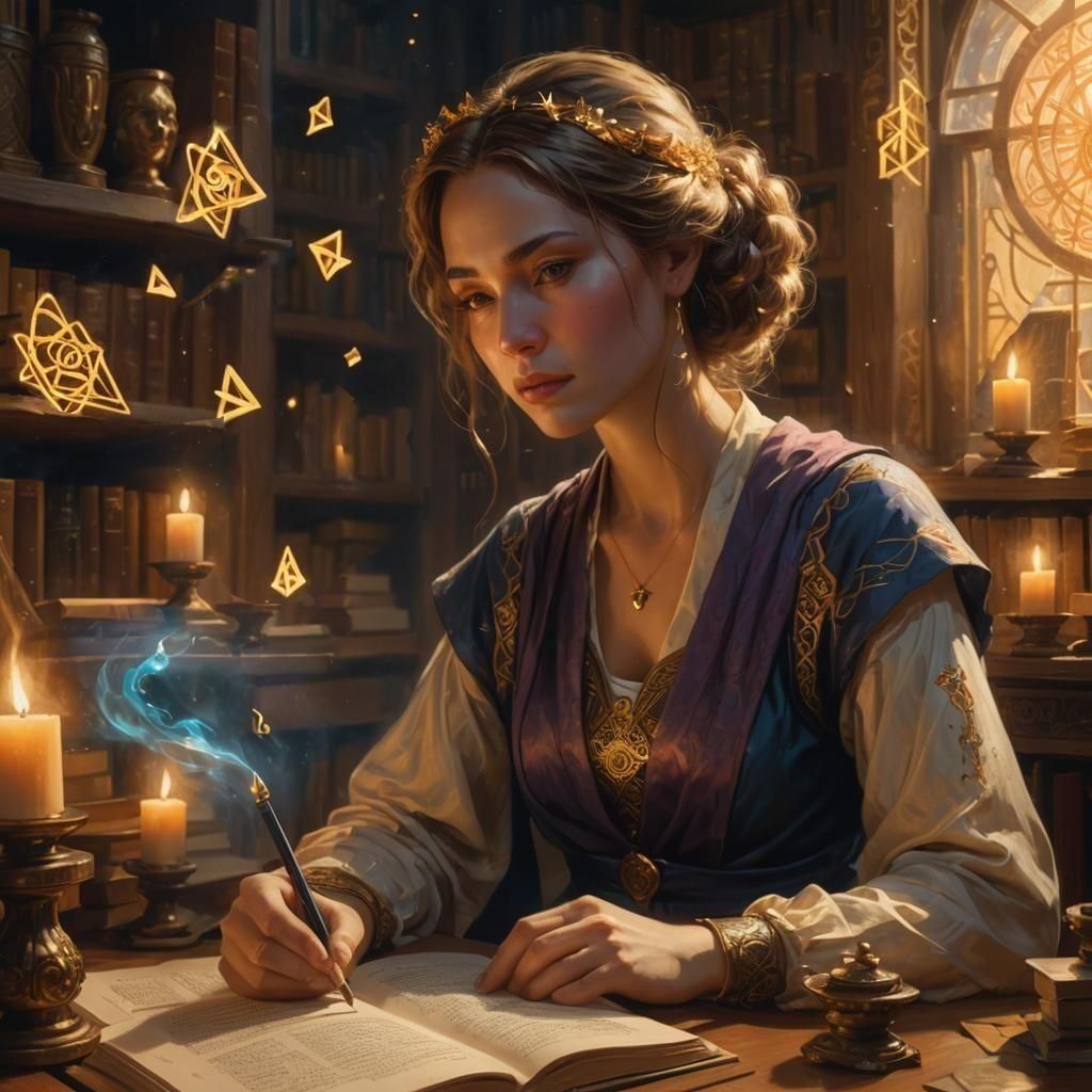 Magical Woman Surrounded by Floating Books