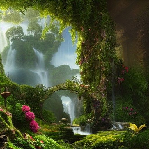 Enchanting Secret Garden with Waterfalls