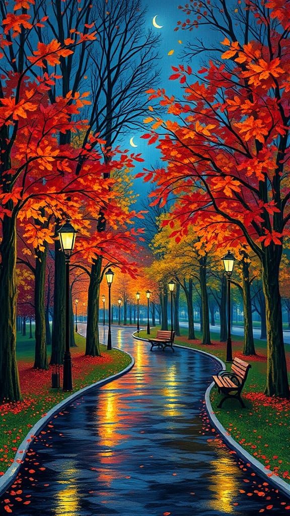 Rainy Autumn Park in Paper Collage Style