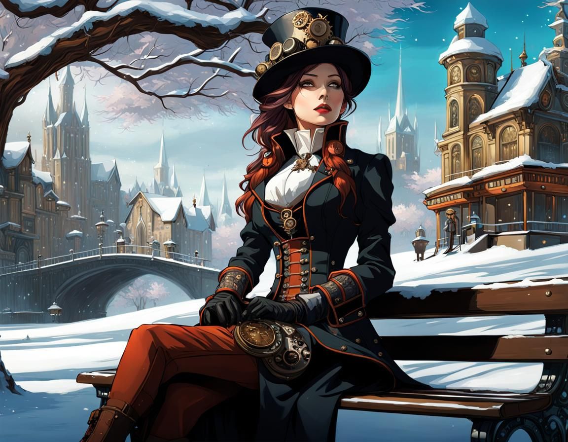 Steampunk Girl in Winter Wonderland, Digital Painting