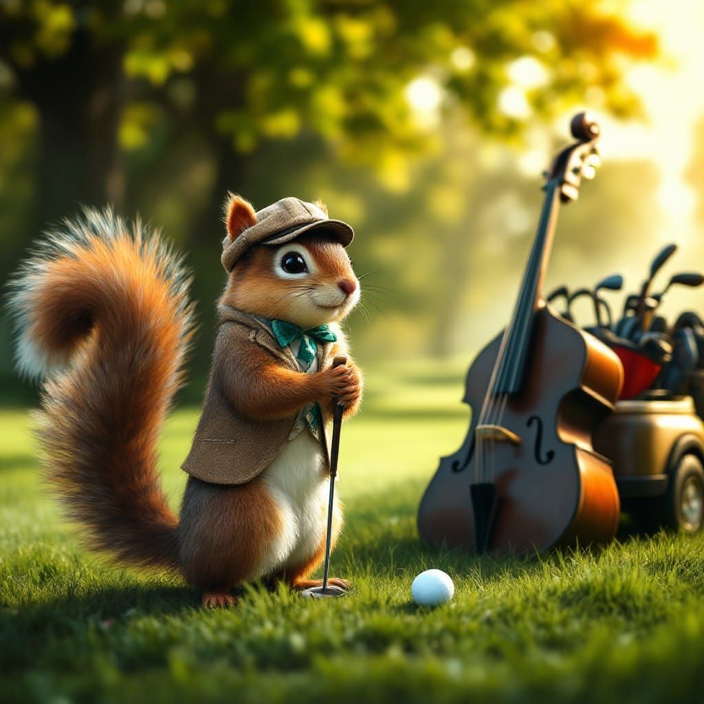 Surreal Golf Course Scene with Whimsical Squirrel and Uprigh...