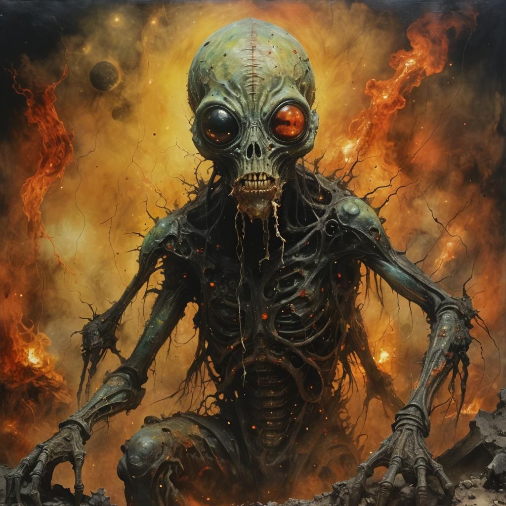 Grotesque Alien Cultist in Smoking Ruins