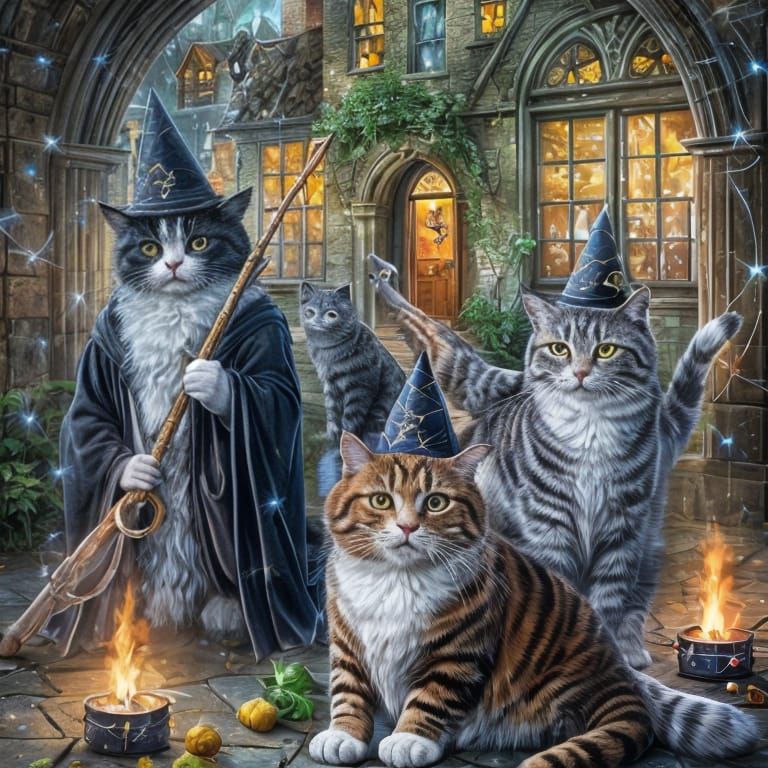 Wizard Cats Celebrate Outside Hogwarts