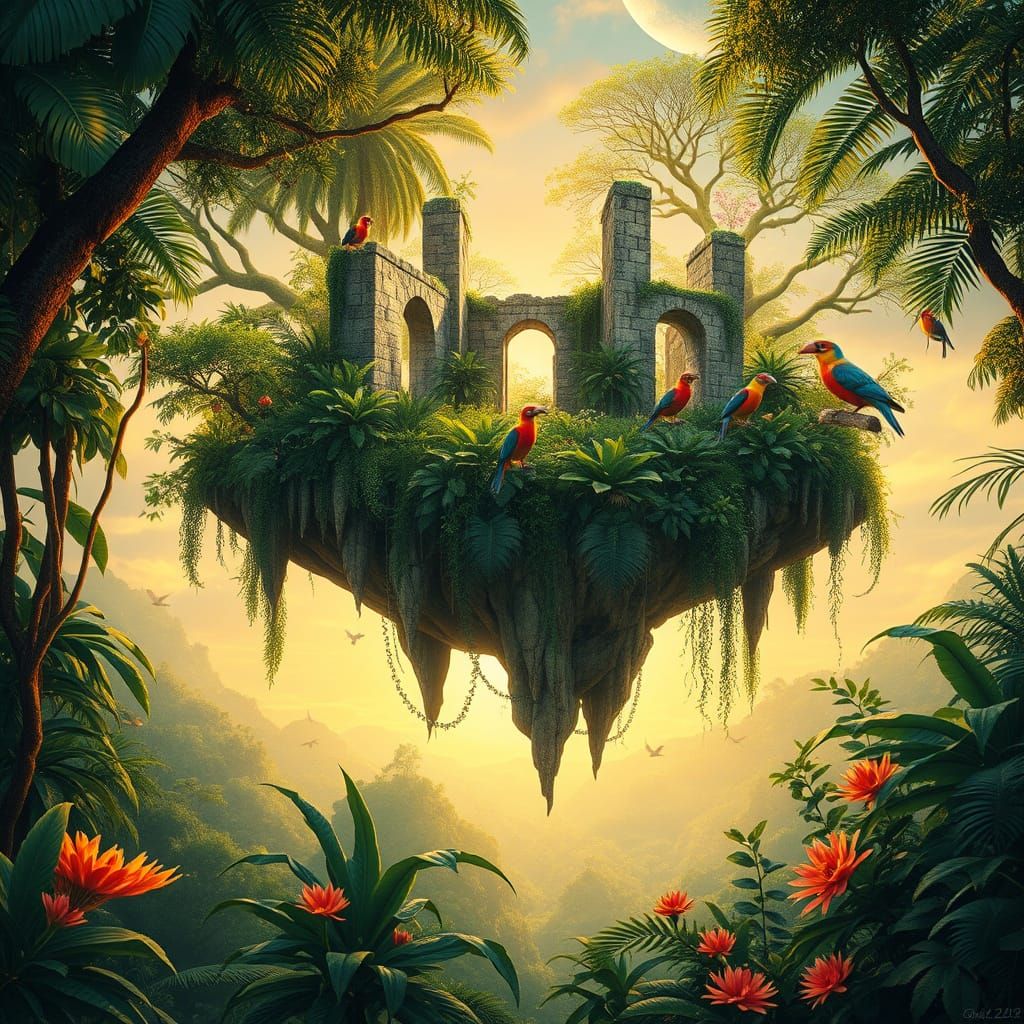 Floating Jungle Island with Ancient Ruins in Golden Hour Lig...