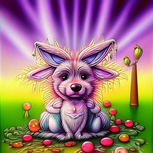 Whimsical Fluffy Dog Illustration in Mixed Media