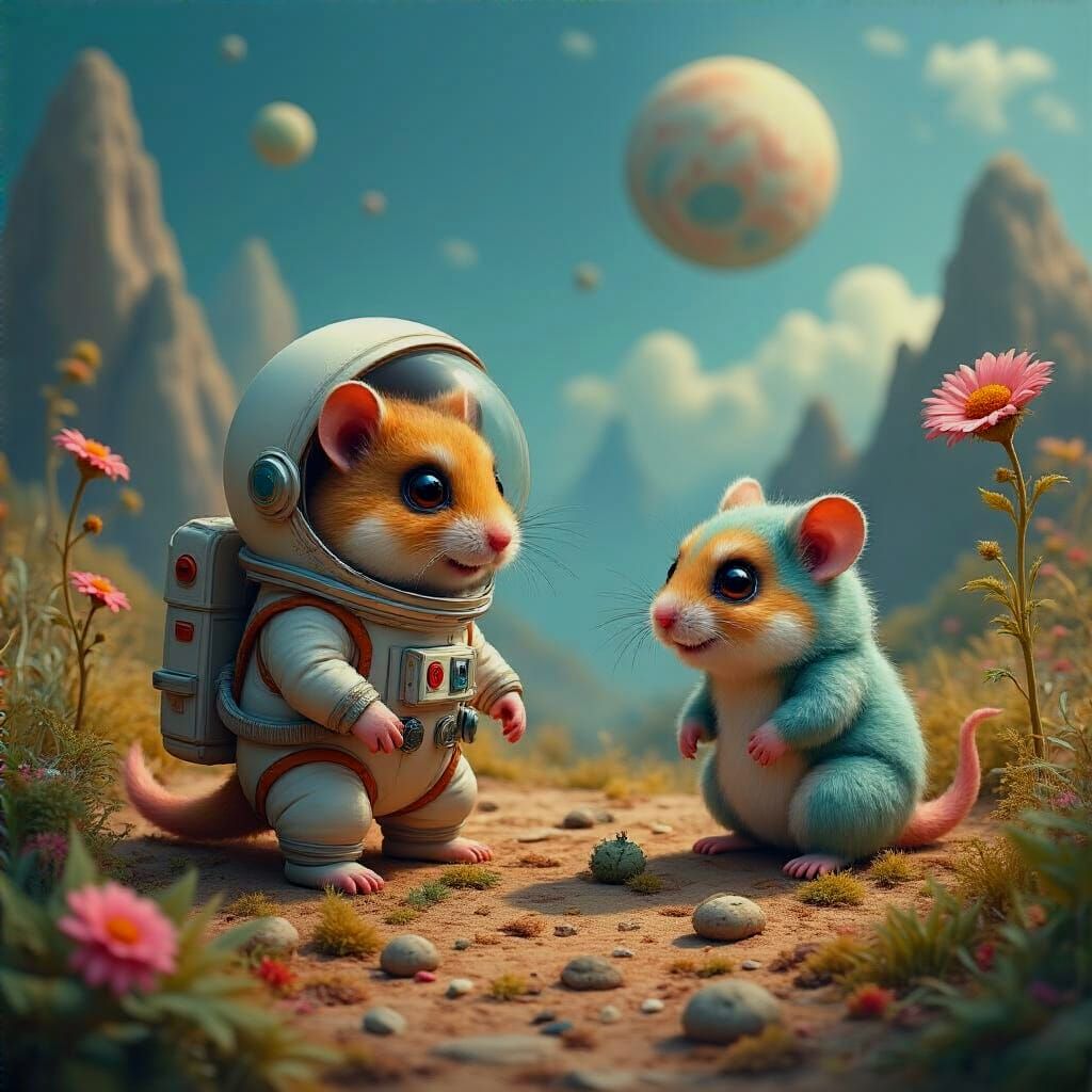 Hamster Astronaut Meets Alien: Arthur Rackham Style