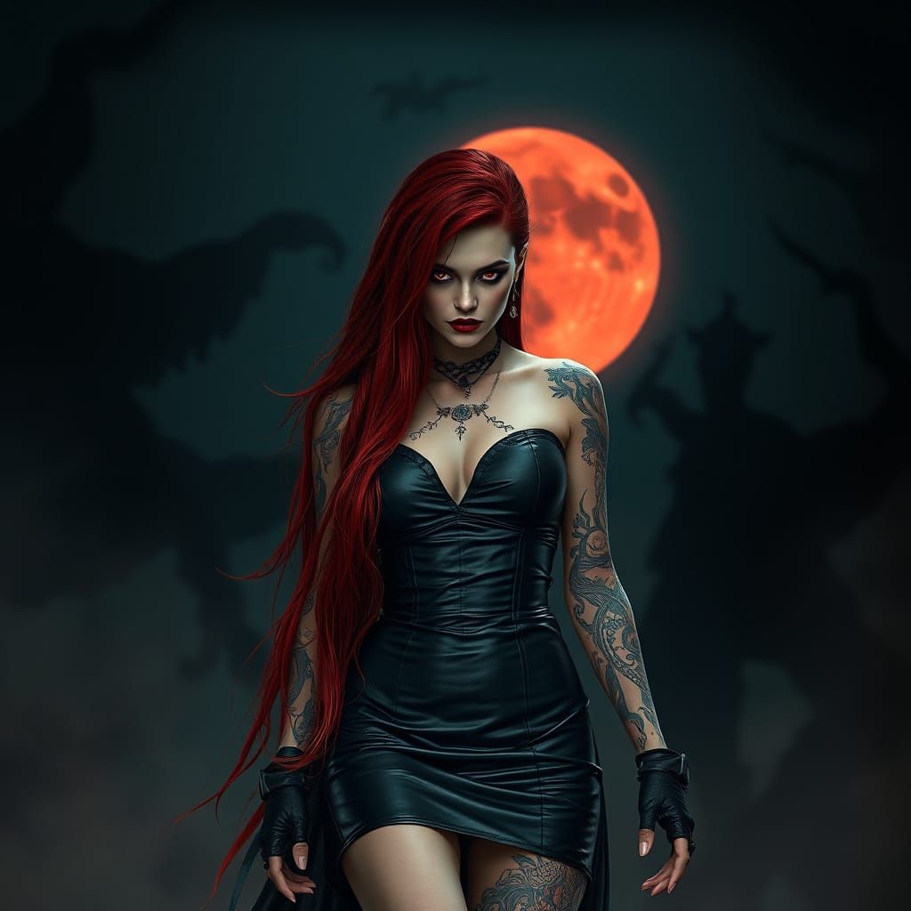 Gothic-Rocker Vampire Woman in Dramatic Digital Painting