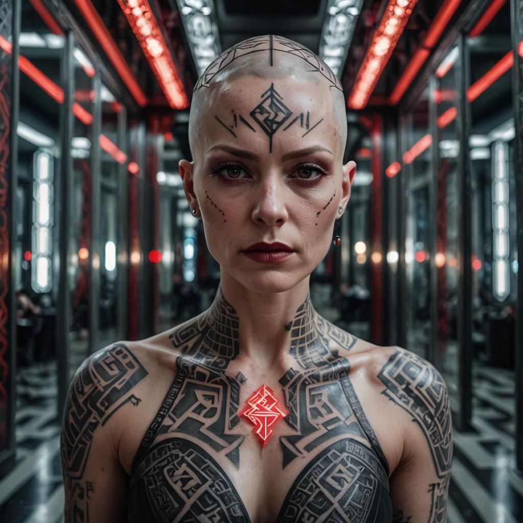 Futuristic Portrait of Woman with Runic Tattoos
