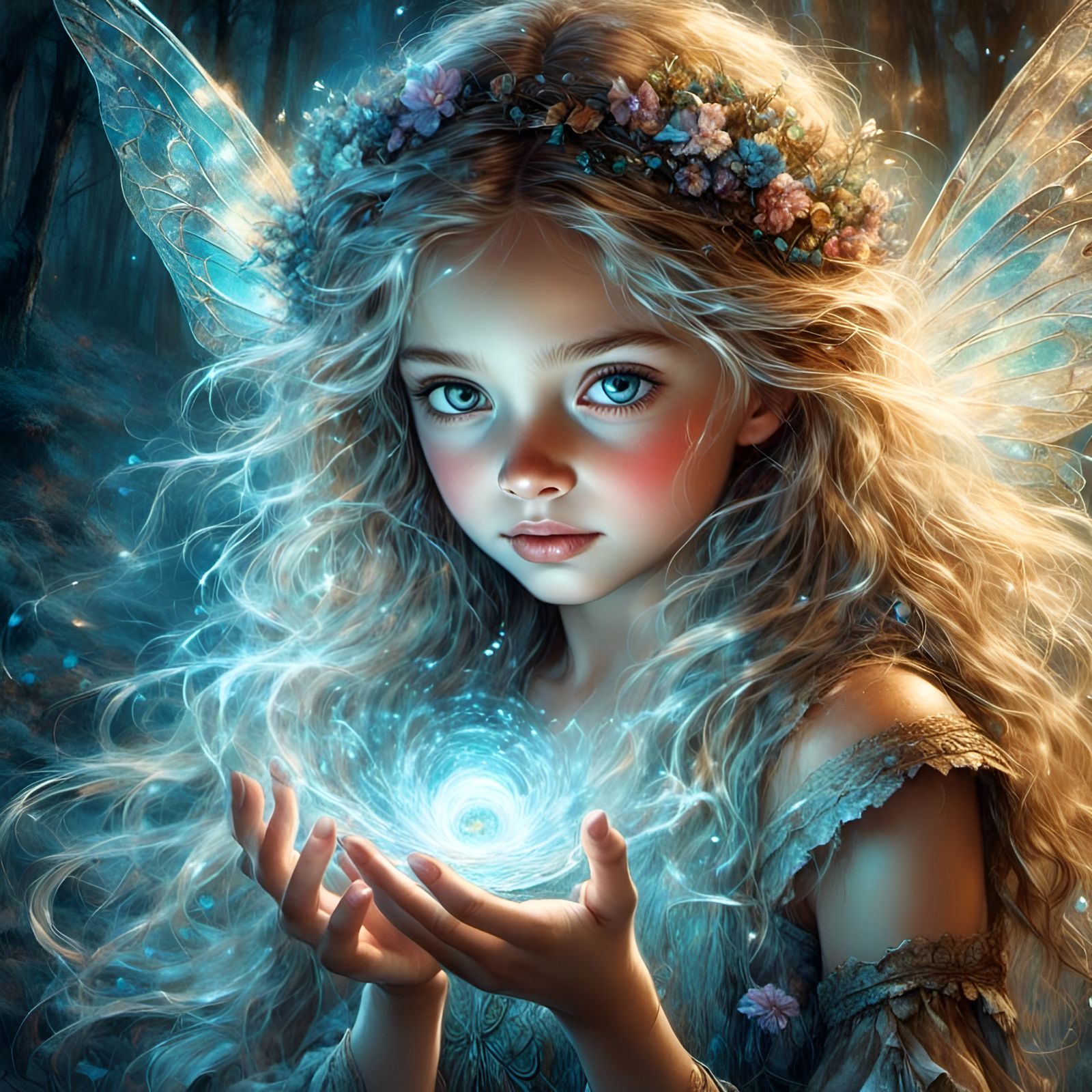 Enchanted Fairy Girl Casting Magic as Mixed Media Art