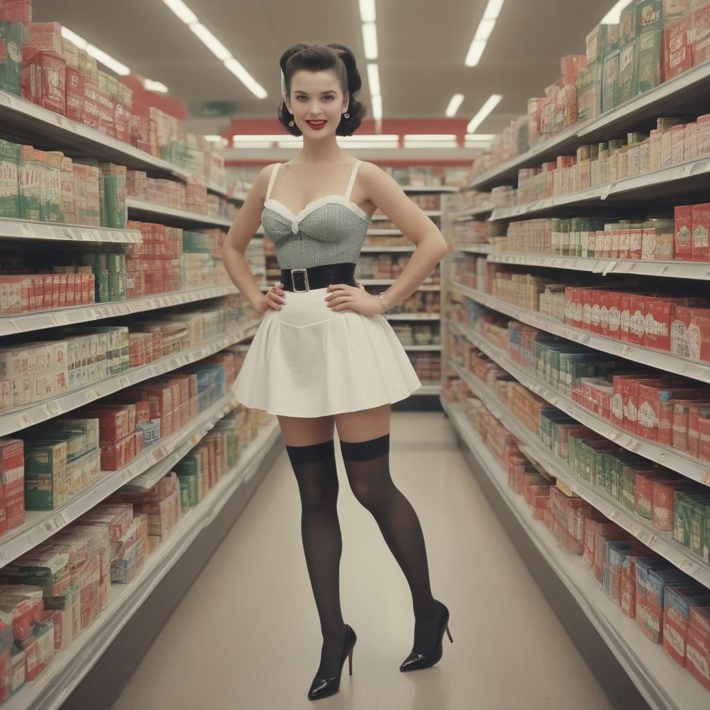 1950s Woman Shopping in Supermarket Crowd