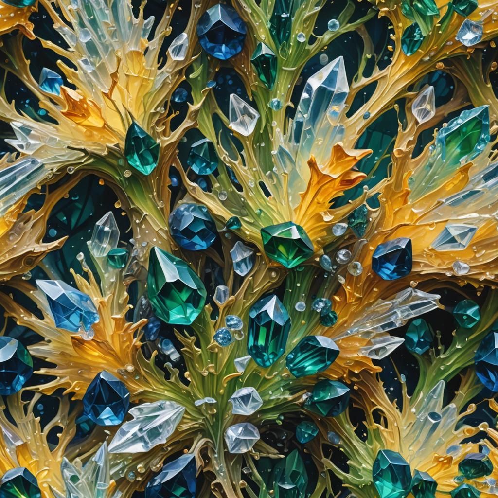 Crystals Bursting with Life: Hyper-Realistic Oil Painting