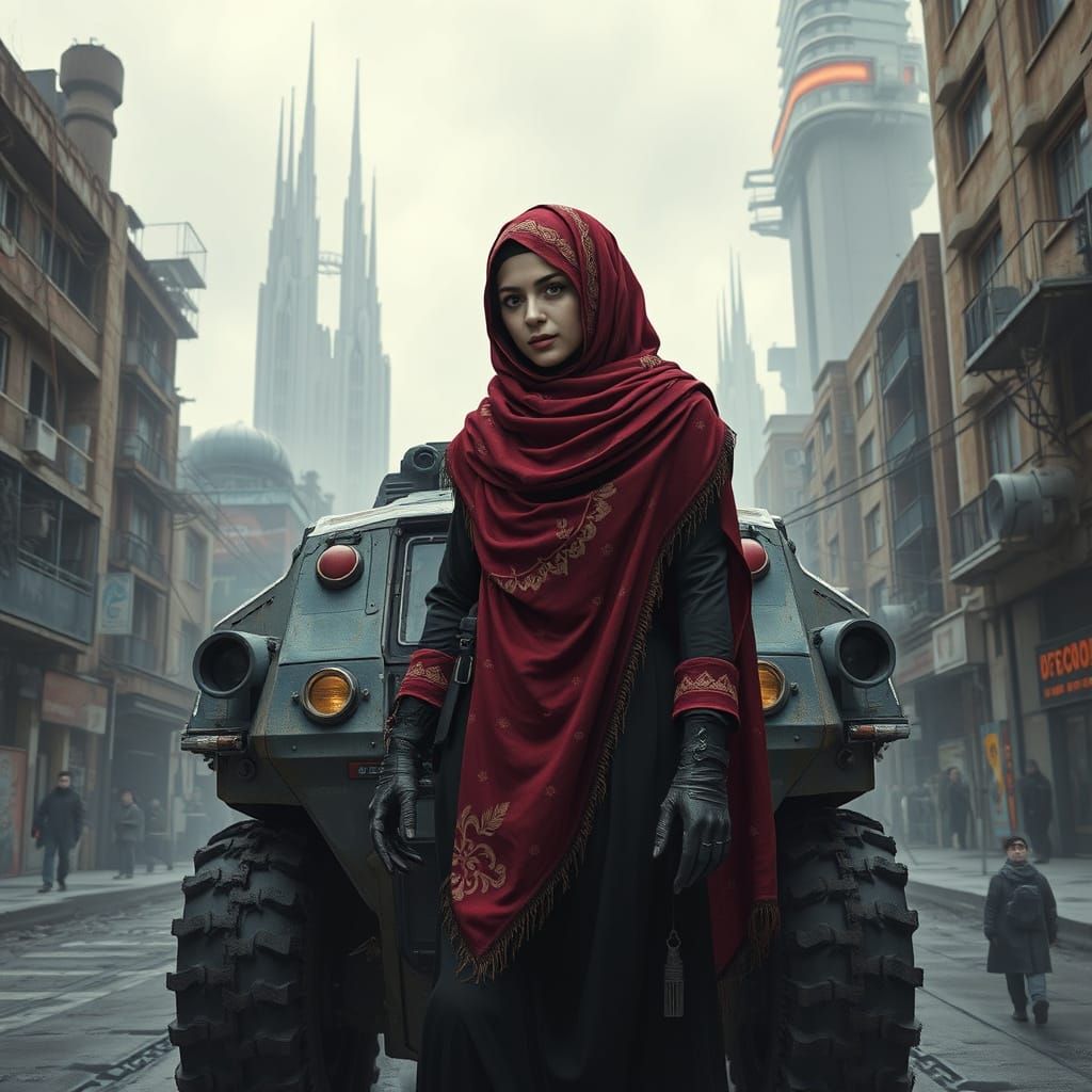 Woman in Hijab in Dystopian Cyberpunk Cityscape