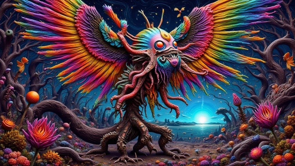 Man in Moth Costume Illuminated by Rainbow Lightning