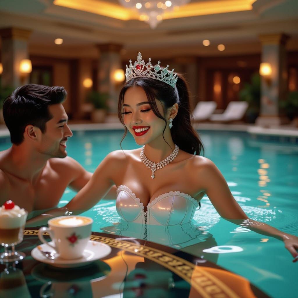Joyful Hong Kong Girl in Hotel Pool with Diamond Crown