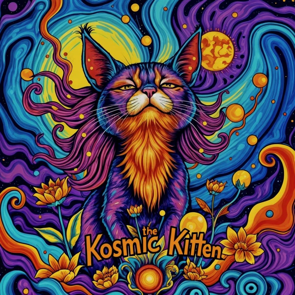 Psychedelic 60s Rock Poster of Kitten in Album Art Style