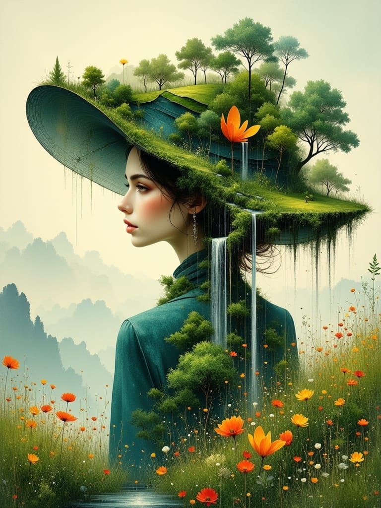 Woman with Rolling Hills Hat and Flowing Waterfall