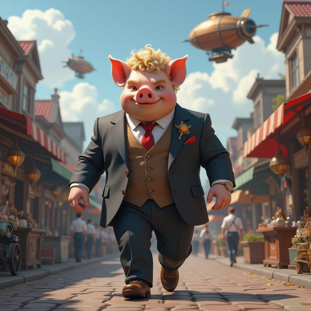 Steampunk Pig-Man Striding Through Market