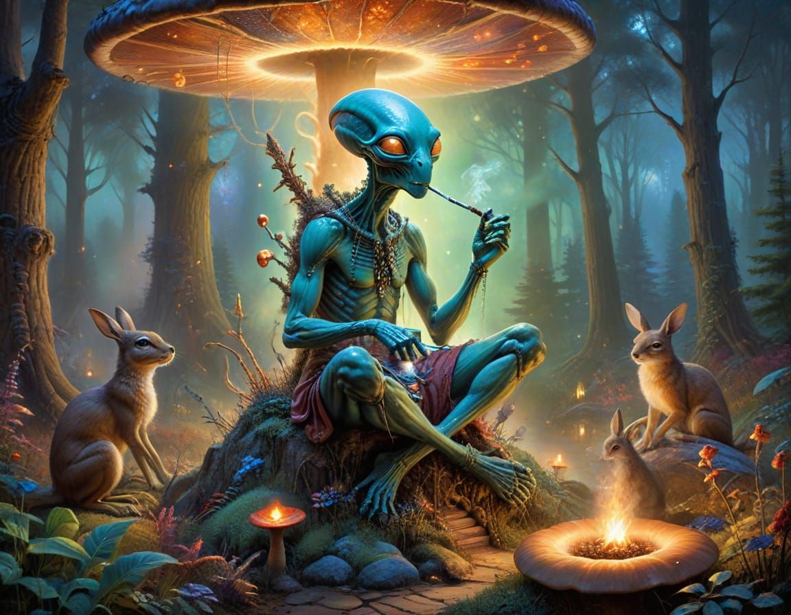 Ethereal Surrealist Oil Painting of Roswell Alien Hippy in F...