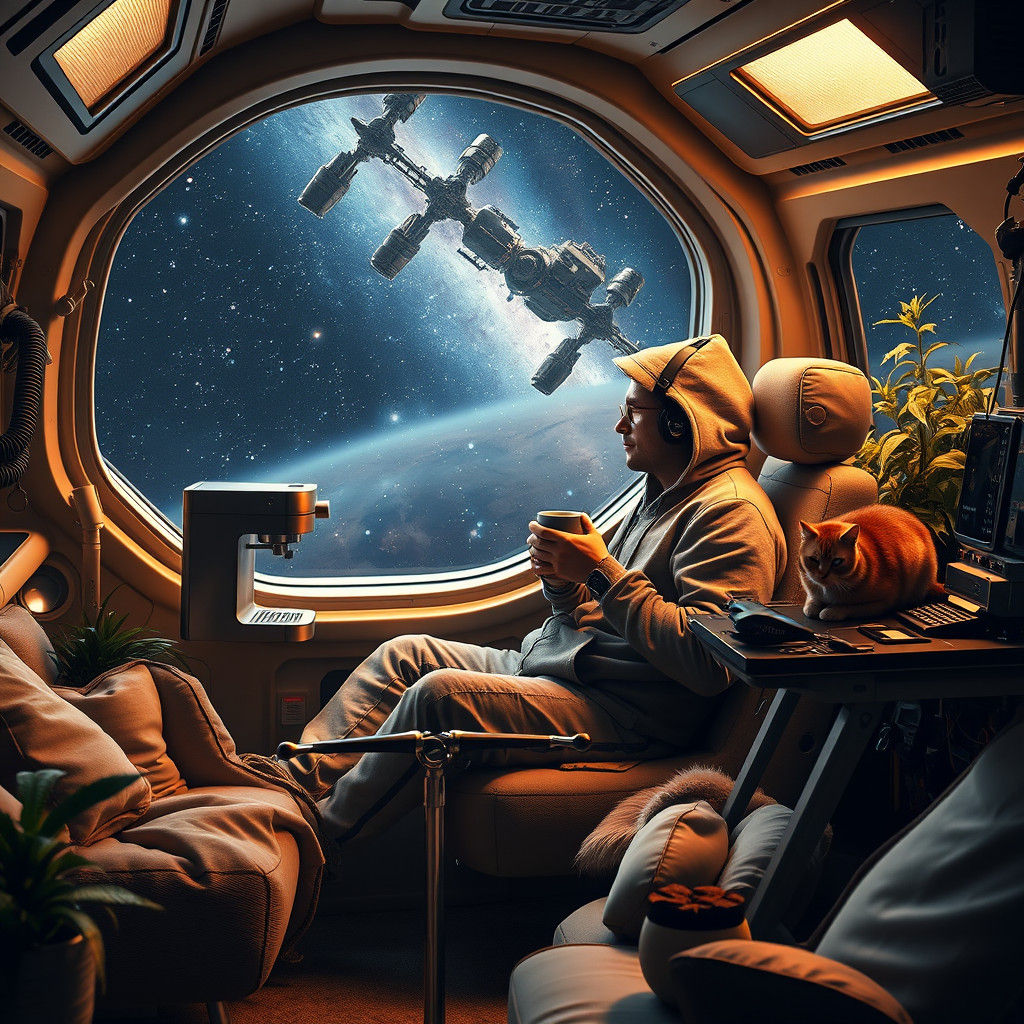 Cozy Space Pod Interior with Pilot and Galaxy View
