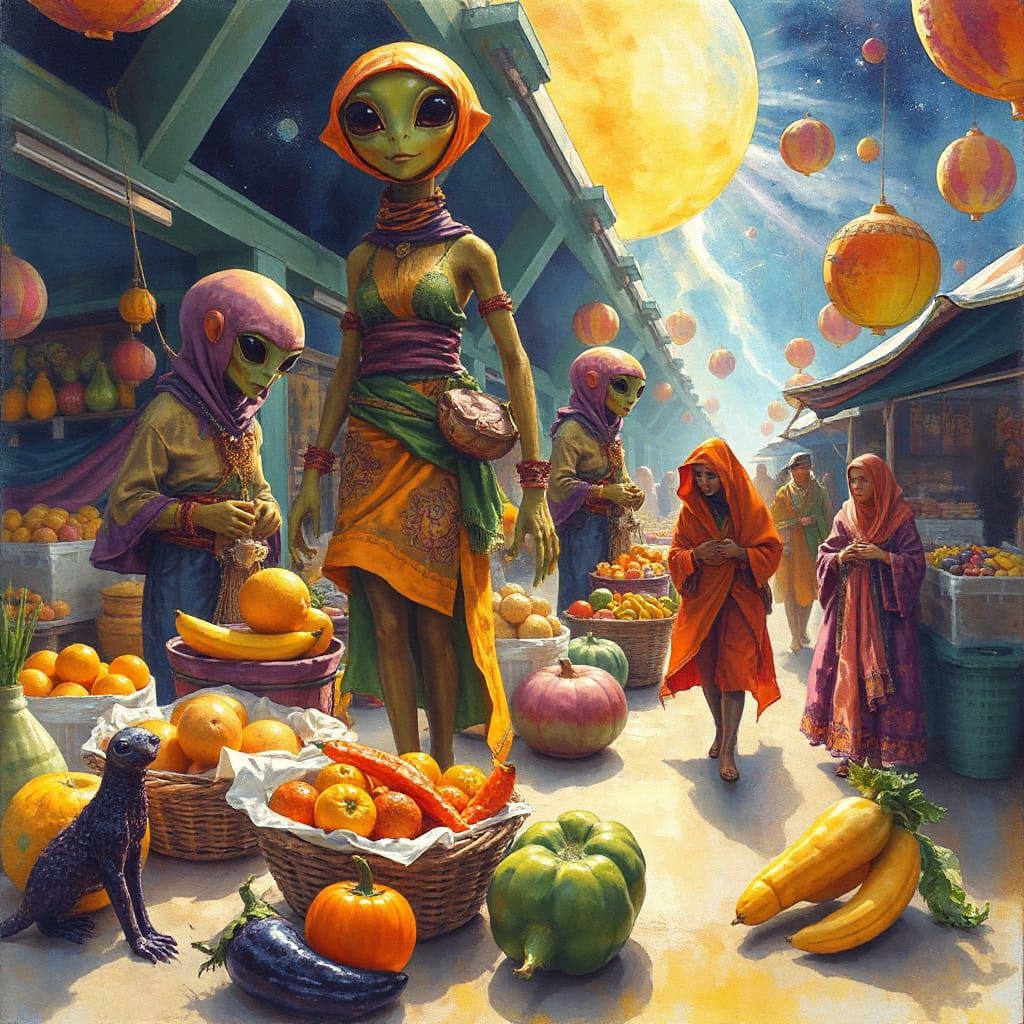 Intergalactic Bazaar in Gouache Watercolor Style