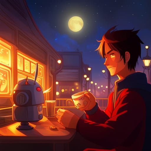 Happy Robot and Man in Cozy Anime Cafe