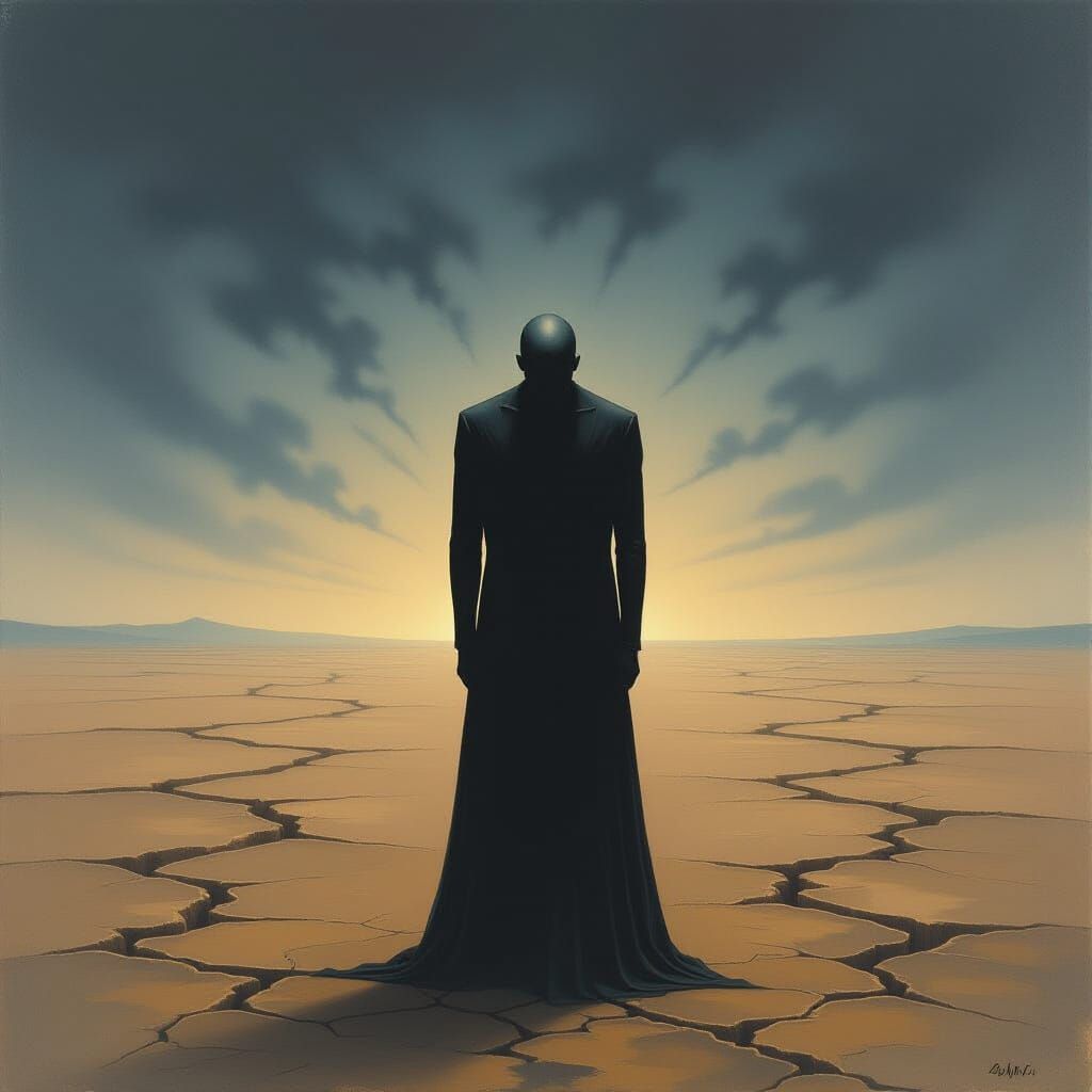 Solitary Figure in Surrealist Landscape