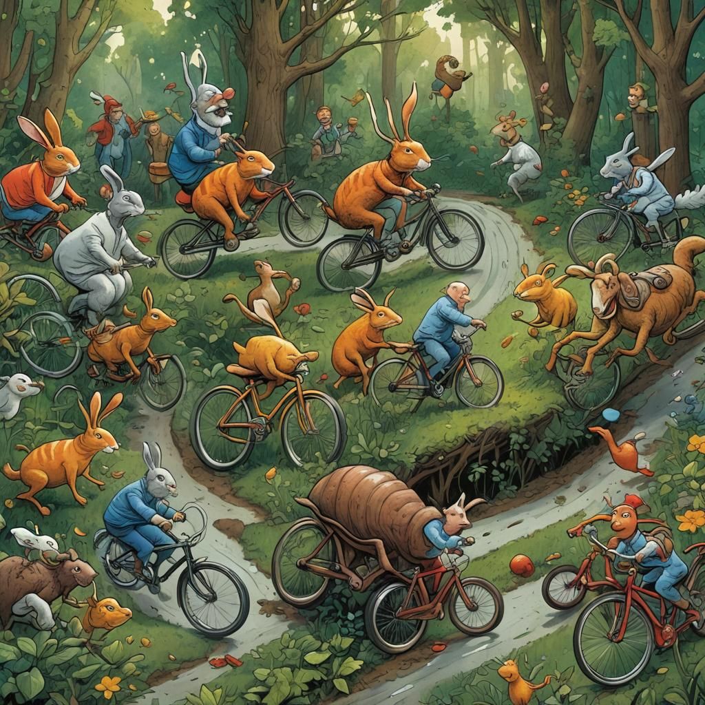 Snail and Hare Bicycle Race in Comic Book Style