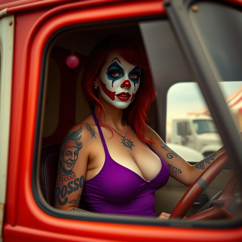 Vintage Pin-Up Clown Driver in a Circo Rosso Truck