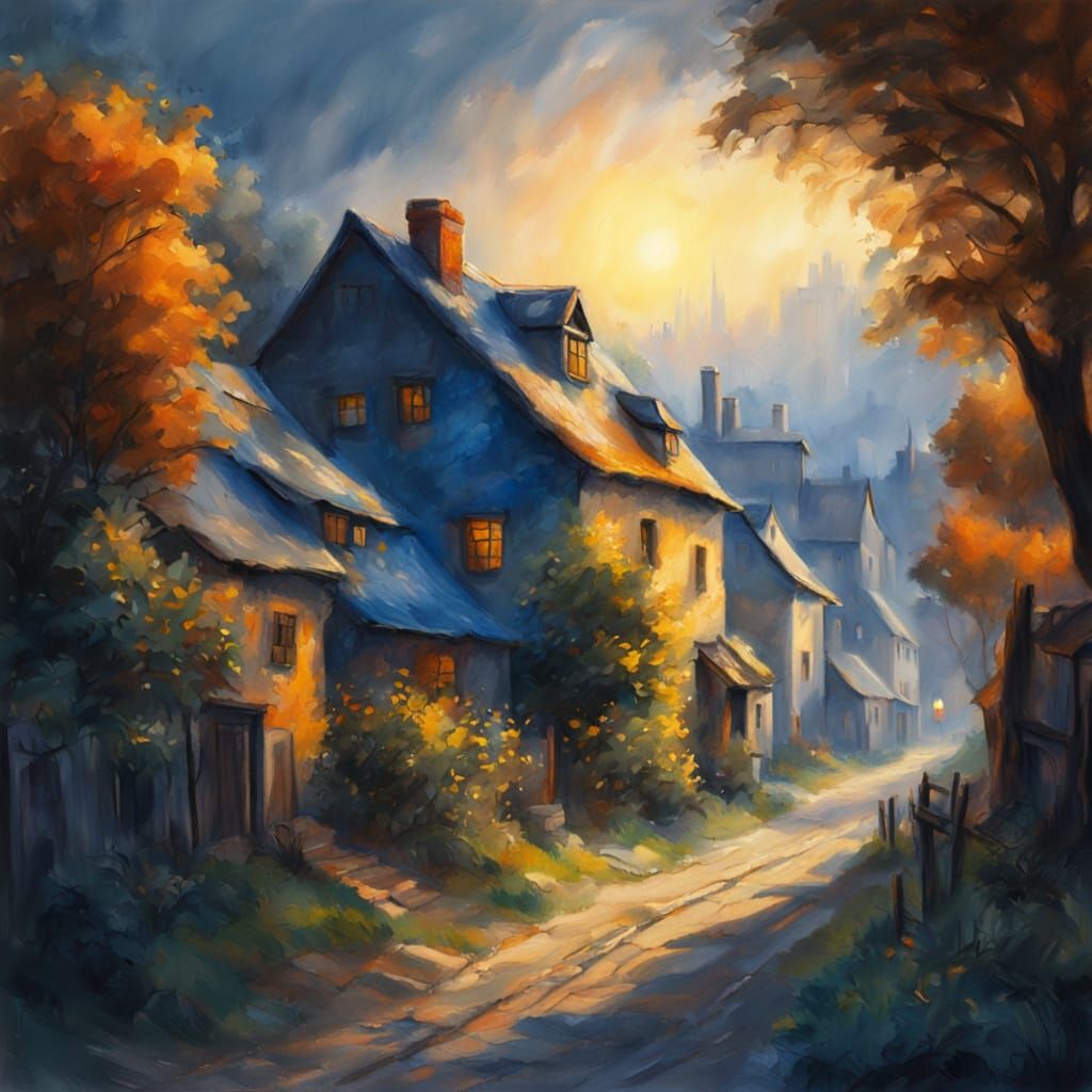 Summer Village in Charcoal and Gouache Style