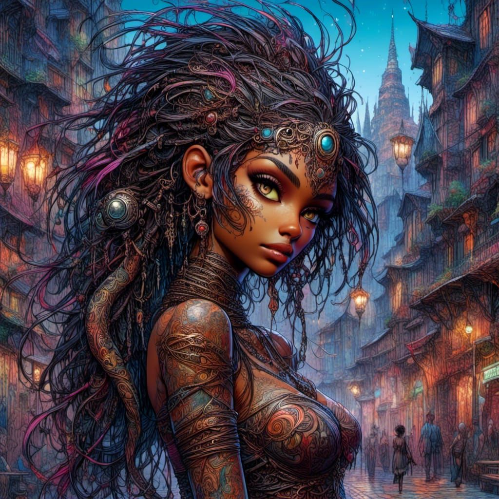 Neon Goddess in Futuristic Cityscape